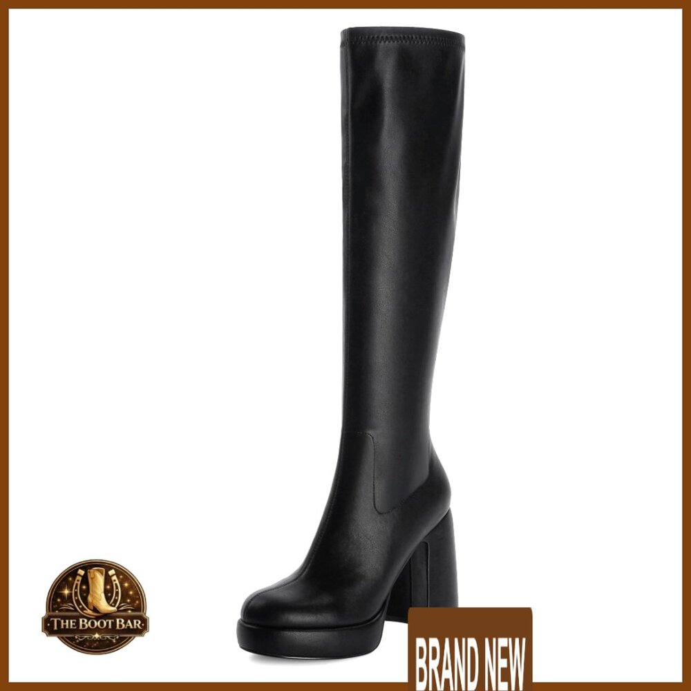 Platform Knee High Boots Chunky Heel Rounded Toe Side Zipper Tall Boots